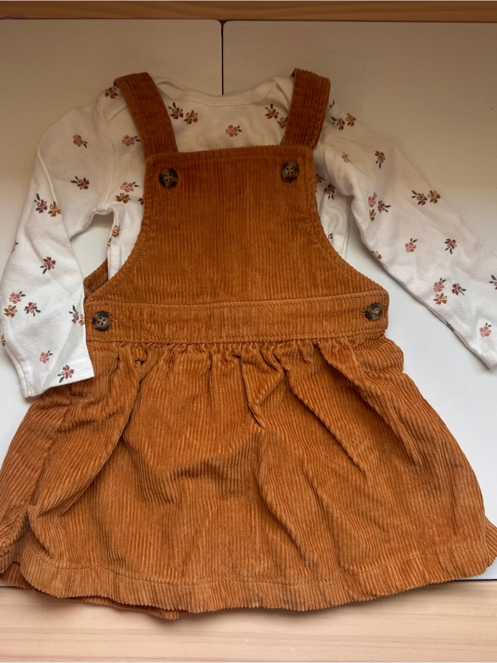 Carter’s 2pc Fall Floral Onesie Mustard Yellow Corduroy Jumper Dress Set 12m